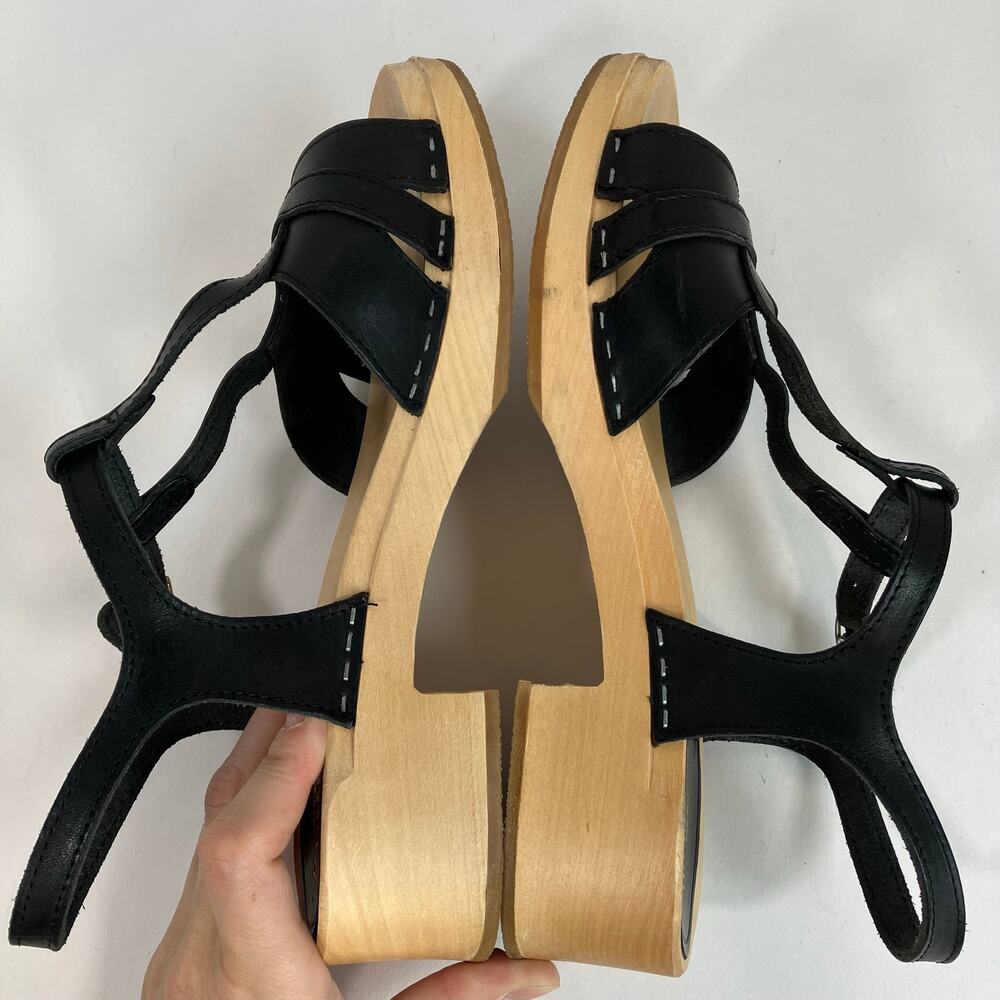 Swedish Hasbeens Ulla Low Sandals Size US 11 EU 41 Black Leather Wood Platform - Picture 12 of 16